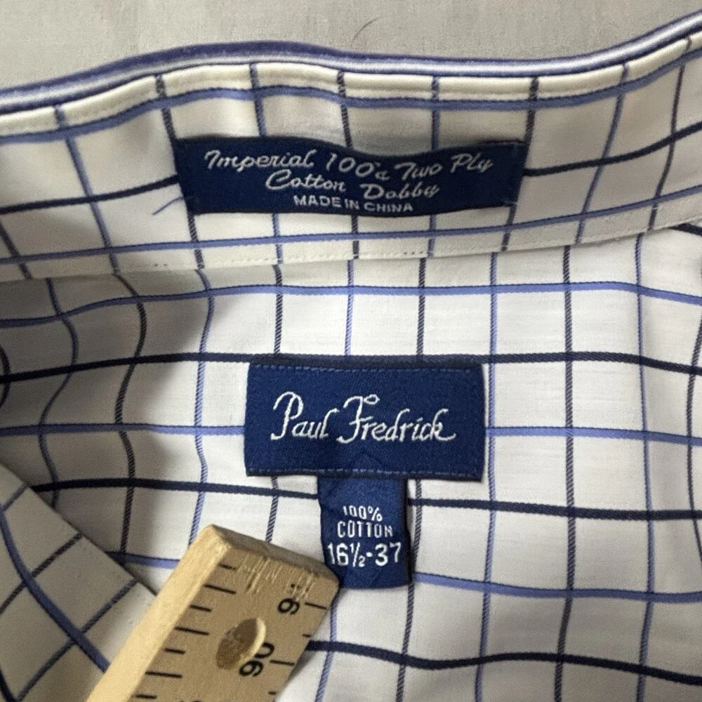 Paul Fredrick Dress Shirt Mens 16.5-37  White Blue Cotton Casual Fast Shipping - Picture 10 of 10